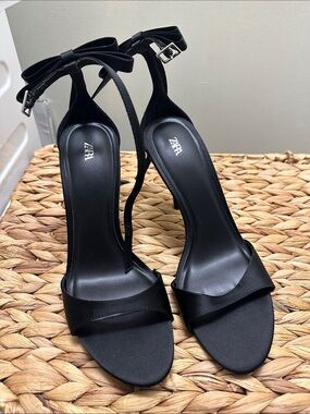 Zara Black Bow Ankle-Strap Heels